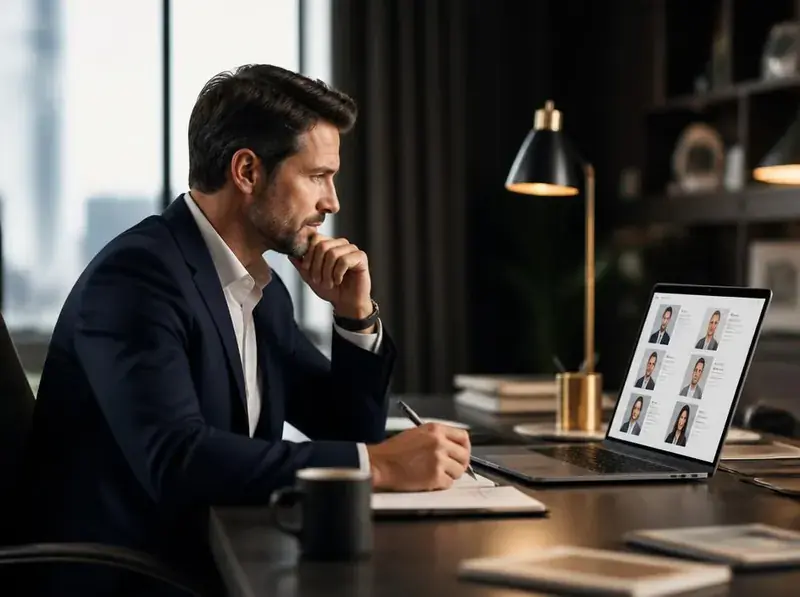 Business leader reviewing candidate profiles on a laptop