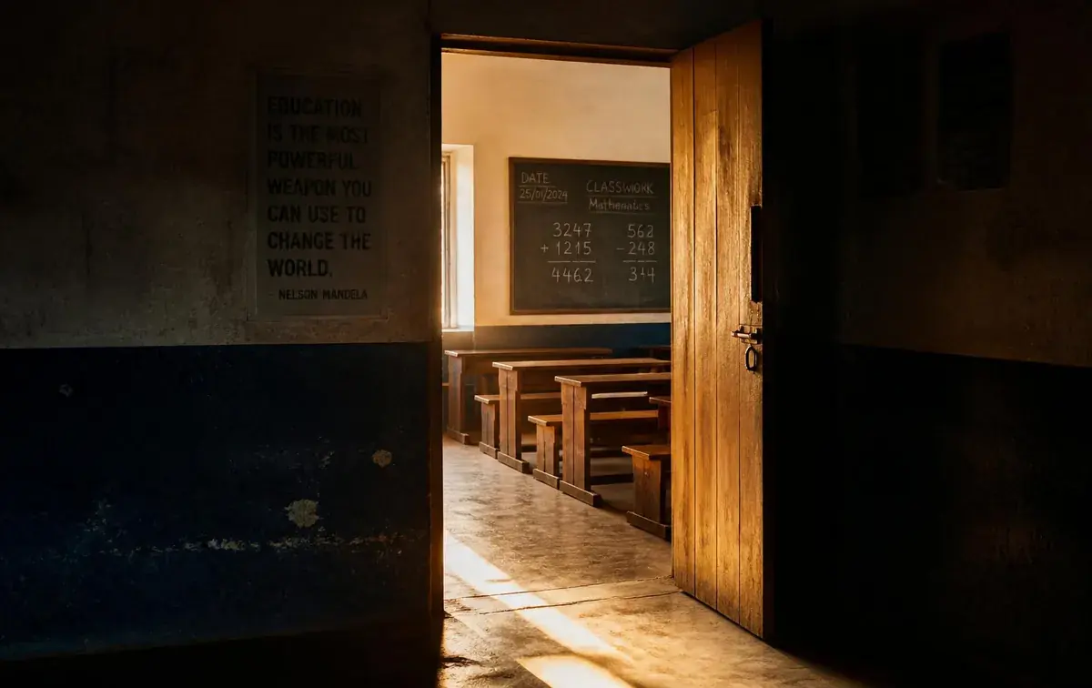Sunlight falling through an open classroom door onto the floor of a simple school